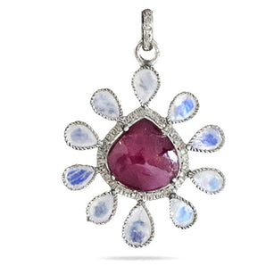 Pave Diamond Rosecut Ruby and Moonstone Pendant, (DPL-2459)