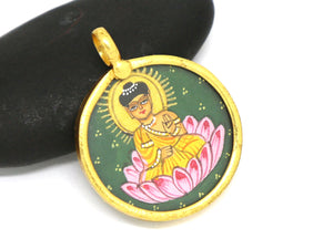 Hand Painted Buddha Round Pendant, 23mm, (BYCH-023) - Beadspoint