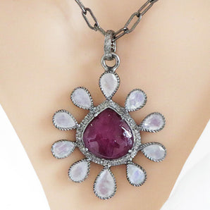 Pave Diamond Rosecut Ruby and Moonstone Pendant, (DPL-2459)