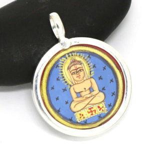 Hand Painted Buddha Round Pendant, 23 mm, (BYCH-024-BLU) - Beadspoint