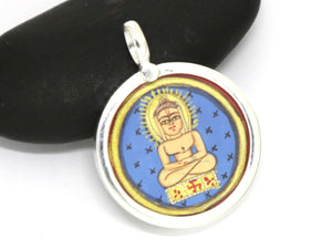Hand Painted Buddha Round Pendant, 23 mm, (BYCH-024-BLU) - Beadspoint