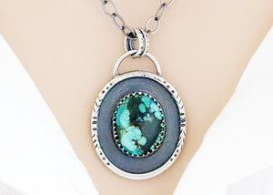 Sterling Silver Turquoise Artisan Handcrafted Oval Pendant, (SP-5588)
