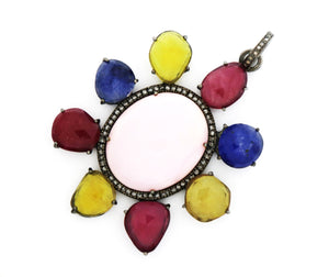 Pave Diamond Pink Opal and Multi Gemstones  Pendant, (DOP-7040) - Beadspoint