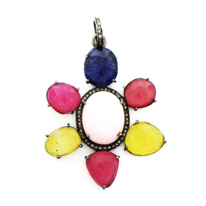 Pave Diamond Pink Opal and Multi Gemstones  Pendant, (DOP-7041) - Beadspoint