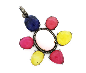 Pave Diamond Pink Opal and Multi Gemstones  Pendant, (DOP-7041) - Beadspoint
