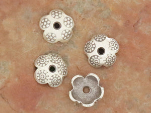 4 of Karen Hill Tribe Silver Flower Imprint Bead Caps, 9mm, (8178-TH)