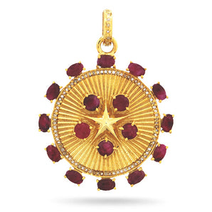 Pave Diamond Ruby Star Fluted Disc Pendant, (DPL-2483)