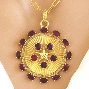 Pave Diamond Ruby Star Fluted Disc Pendant, (DPL-2483)