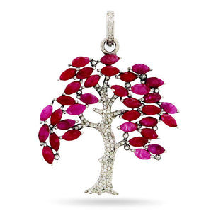 Pave Diamond Tree with Ruby / Labradorite Leaves Pendant, (DPL-2482)
