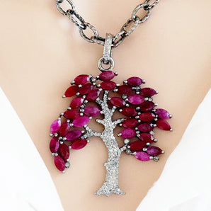 Pave Diamond Tree with Ruby / Labradorite Leaves Pendant, (DPL-2482)