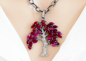 Pave Diamond Tree with Ruby / Labradorite Leaves Pendant, (DPL-2482)