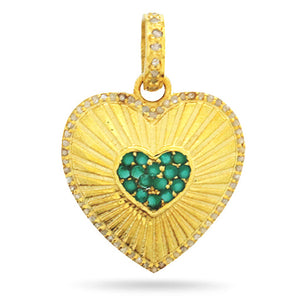 Pave Diamond Fluted Heart Pendant w/ Emerald Heart, (DPS-185)