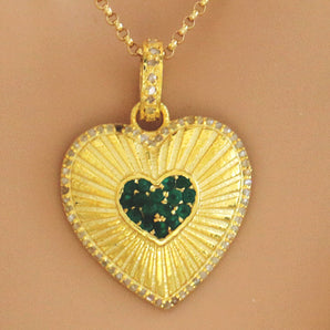 Pave Diamond Fluted Heart Pendant w/ Emerald Heart, (DPS-185)