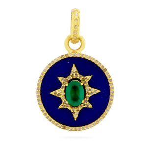 Pave Diamond Lapis Starburst Pendant w/ Dyed Emerald Center, (DPS-183)