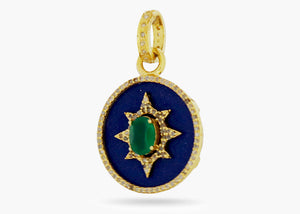 Pave Diamond Lapis Starburst Pendant w/ Dyed Emerald Center, (DPS-183)