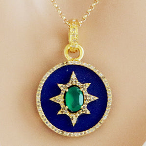 Pave Diamond Lapis Starburst Pendant w/ Dyed Emerald Center, (DPS-183)