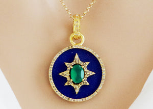 Pave Diamond Lapis Starburst Pendant w/ Dyed Emerald Center, (DPS-183)