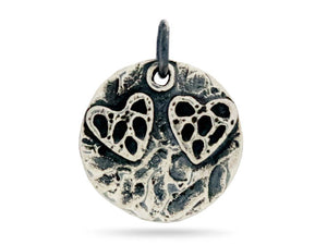 Sterling Silver Artisan Disc Charm with a Pair of Hearts , Multiple options, (AF-529)