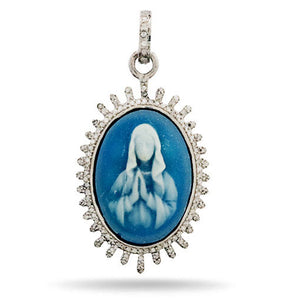 Pave Diamond Blue Agate Mother Mary Pendant, (DMP-6026)