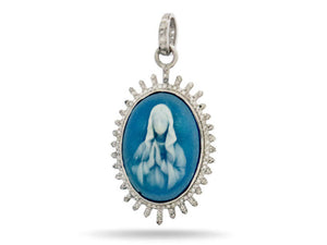 Pave Diamond Blue Agate Mother Mary Pendant, (DMP-6026)