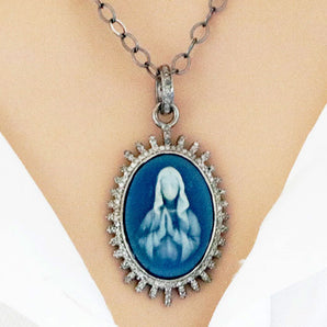 Pave Diamond Blue Agate Mother Mary Pendant, (DMP-6026)