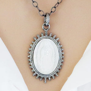 Pave Diamond Mother of Pearl Mary Pendant, (DMP-6018)