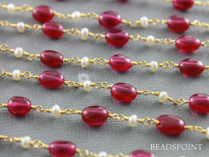 Spinel and Pearl Wire Wrapped Rosary Chain, (RS-MIX-134) - Beadspoint