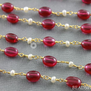 Spinel and Pearl Wire Wrapped Rosary Chain, (RS-MIX-134) - Beadspoint