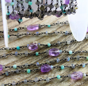 Labradorite, Amethyst and Amazonite Wire Wrapped Rosary Chain, (RS-MIX-3) - Beadspoint