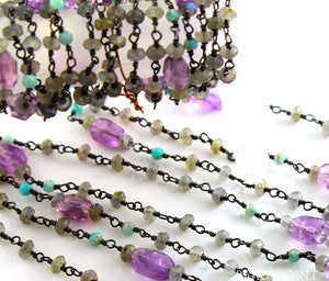 Labradorite, Amethyst and Amazonite Wire Wrapped Rosary Chain, (RS-MIX-3) - Beadspoint