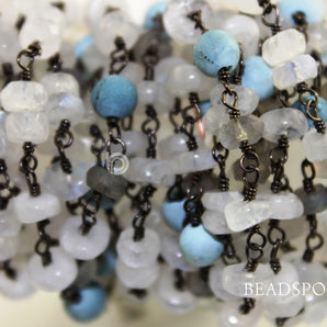 Moonstone and Turquoise Wire Wrapped Rosary Chain, (RS-MIX-5) - Beadspoint