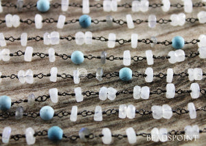 Moonstone and Turquoise Wire Wrapped Rosary Chain, (RS-MIX-5) - Beadspoint