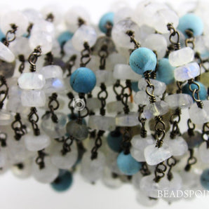 Moonstone and Turquoise Wire Wrapped Rosary Chain, (RS-MIX-5) - Beadspoint