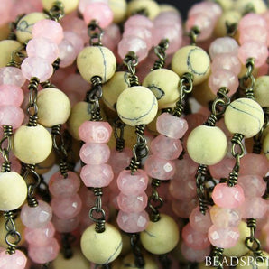 Pink Chalcedony and Wood Beads Wire Wrapped Rosary Chain, (RS-MIX-6) - Beadspoint