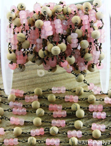 Pink Chalcedony and Wood Beads Wire Wrapped Rosary Chain, (RS-MIX-6) - Beadspoint