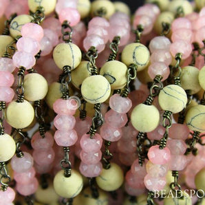 Pink Chalcedony and Wood Beads Wire Wrapped Rosary Chain, (RS-MIX-6) - Beadspoint