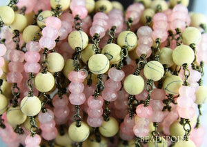 Pink Chalcedony and Wood Beads Wire Wrapped Rosary Chain, (RS-MIX-6) - Beadspoint