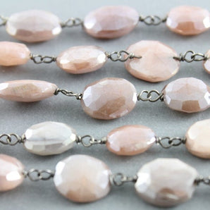 Peach Moonstone Faceted Wire Wrapped Rosary Chain, (RS-PMNS-146) - Beadspoint