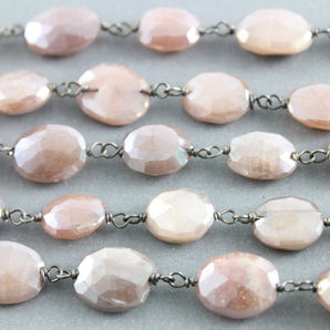 Peach Moonstone Faceted Wire Wrapped Rosary Chain, (RS-PMNS-146) - Beadspoint