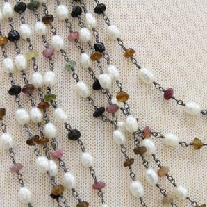 Mixed Pearl with Tourmaline Wire Wrapped Rosary Chain, (RS-PRT-135) - Beadspoint