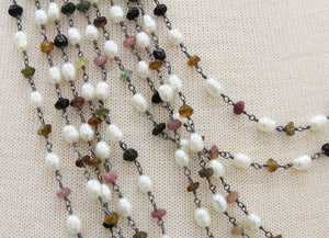 Mixed Pearl with Tourmaline Wire Wrapped Rosary Chain, (RS-PRT-135) - Beadspoint