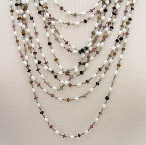 Mixed Pearl with Tourmaline Wire Wrapped Rosary Chain, (RS-PRT-135) - Beadspoint