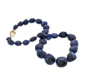 Blue Sapphire Smooth Nuggest Hand knotted w/ Sterling & Diamond Clasp, Blue Sapphire, Sapphire (SAPP-NUG-8-16)