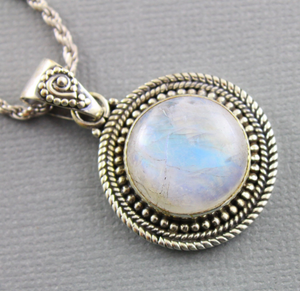 Sterling SIlver Rainbow Moonstone Circle Pendant,, (SP-7043) - Beadspoint