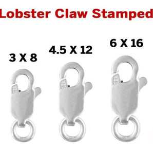 Sterling Silver Lobster Claw Stamped, 3 Sizes, Wholesale Bulk Pricing, (SS/850)