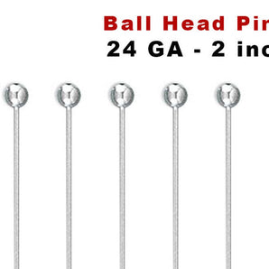 10 Pcs, Sterling Silver Ball Pins, 24ga, 2 Inch, (SS/B24)