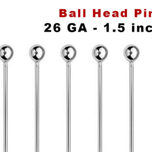 10 Pcs, Sterling Silver Ball Head Pins, 1.5 Inch 26 GA, (SS/B26)