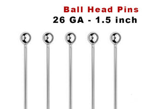 10 Pcs, Sterling Silver Ball Head Pins, 1.5 Inch 26 GA, (SS/B26)