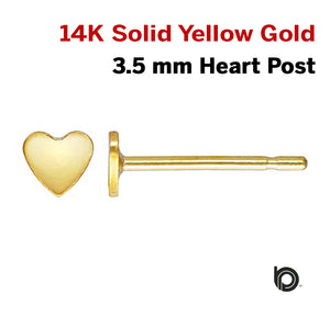 1 Pair, 14k Solid Yellow Gold Heart Post Earring, 3.5 mm, (SG-100) - Beadspoint
