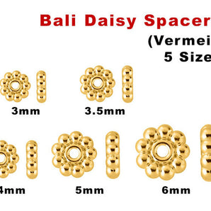 Sterling Silver Vermeil Daisy Spacer, Beads, 5 sizes, (VM-6300)